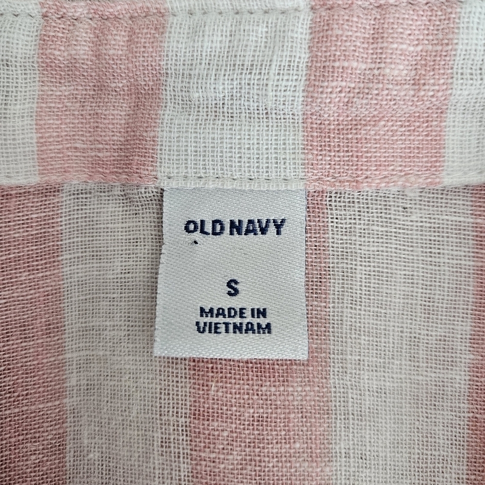 Old Navy Shirt Linen Pink Stripe Short Sleeve Button Up Collared Tie Knot Small - Picture 5 of 8